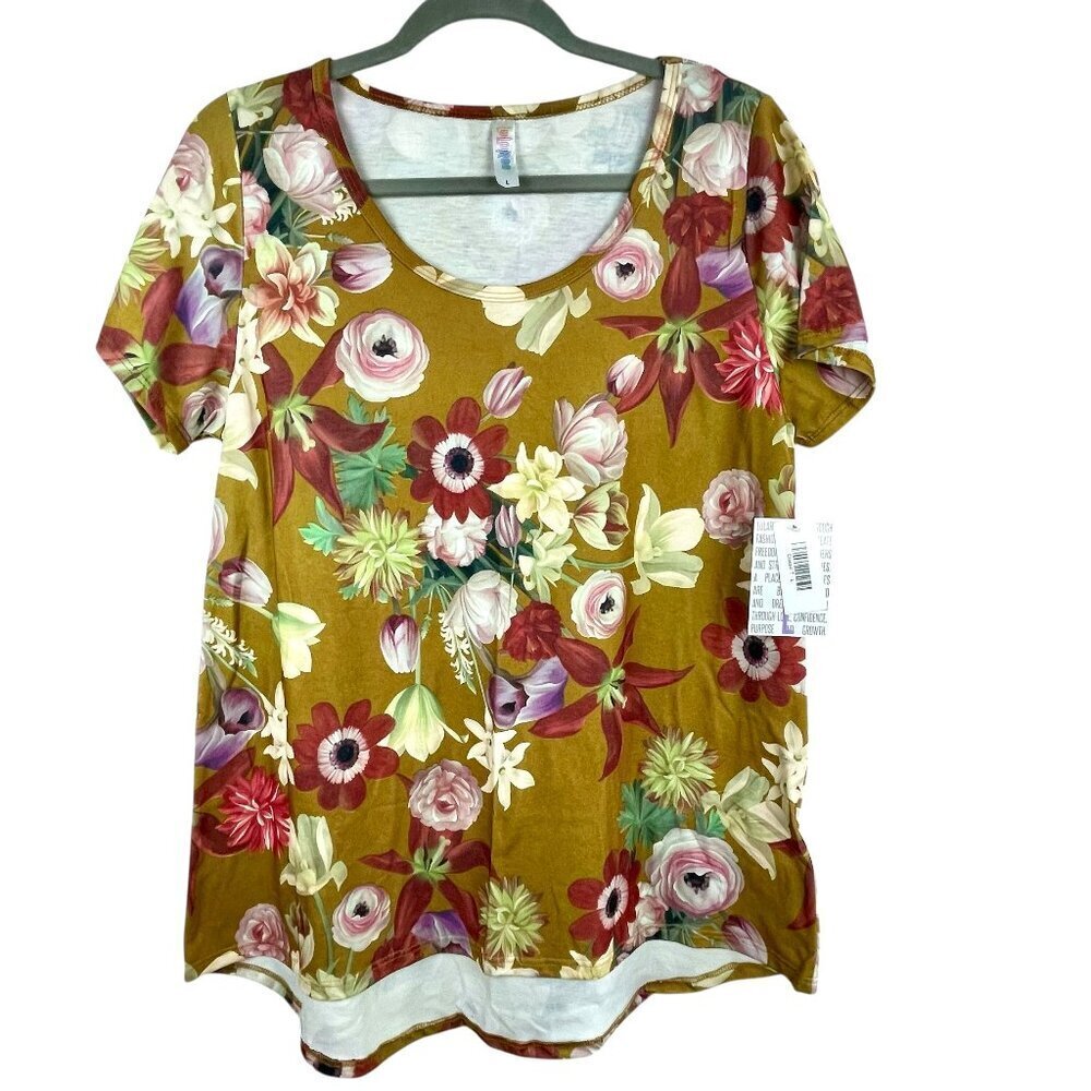 NWT LuLaRoe Classic T Floral Print Short Sleeve Top Mustard Yellow L - Picture 2 of 13